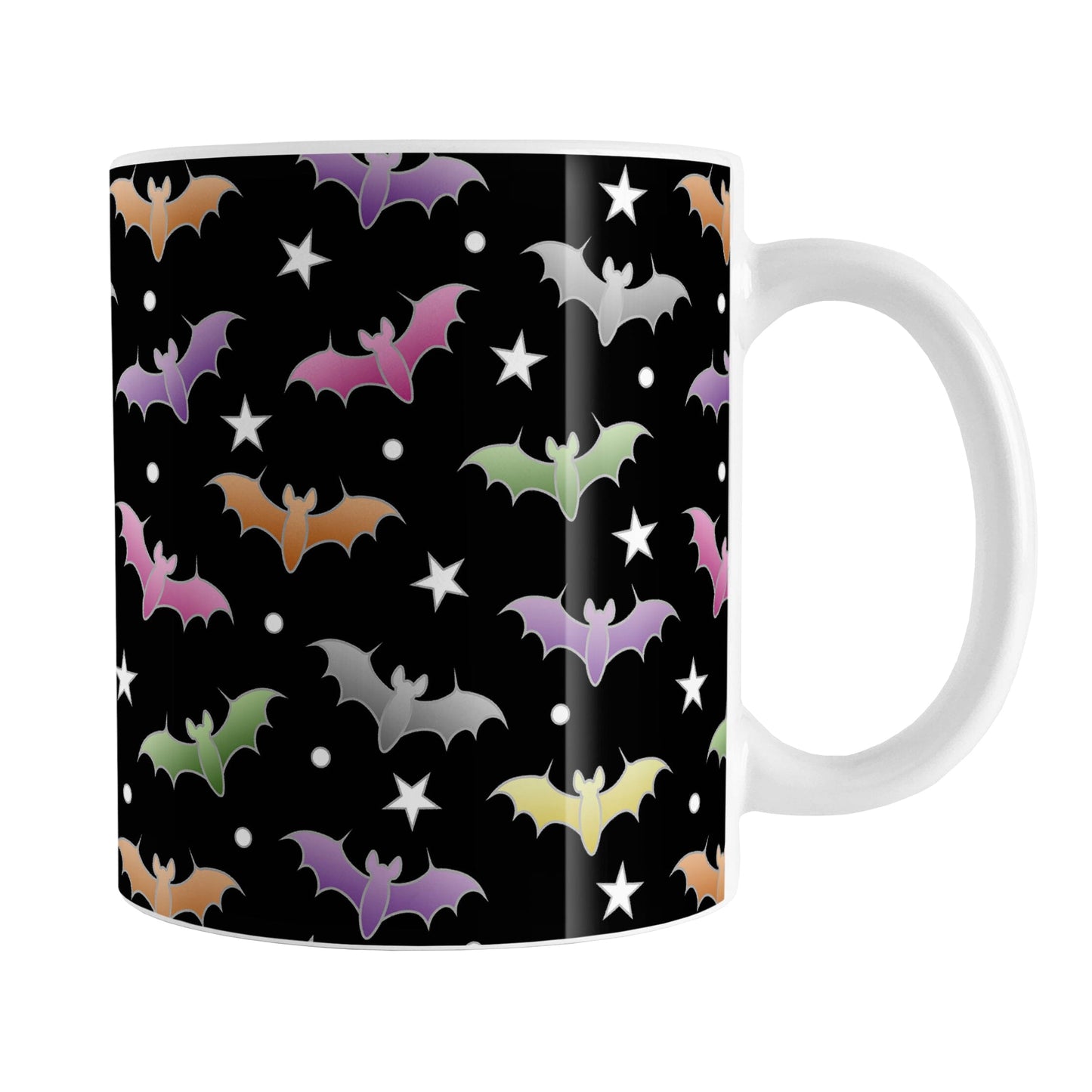 Colorful Bats Mug (11oz) at Amy's Coffee Mugs. A ceramic coffee mug designed with different colored bats and stars in an assorted pattern over a black background color that wraps around the mug to the handle.