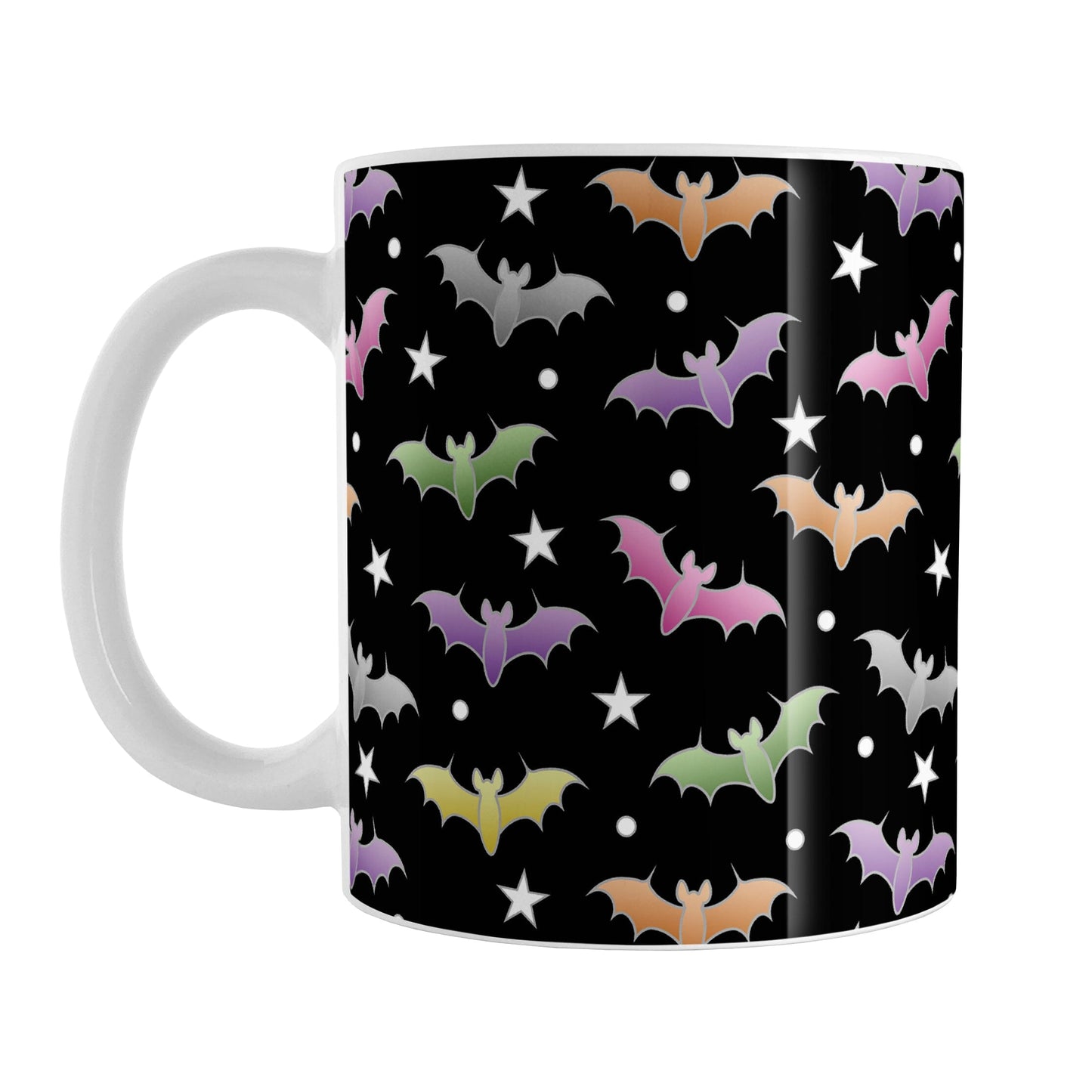 Colorful Bats Mug (11oz) at Amy's Coffee Mugs. A ceramic coffee mug designed with different colored bats and stars in an assorted pattern over a black background color that wraps around the mug to the handle.