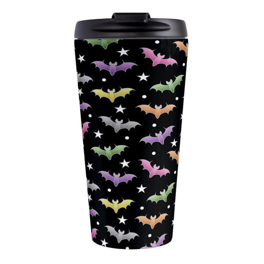 Colorful Bats Travel Mug at Amy's Coffee Mugs. A 15oz travel mug designed with different colored bats and white stars in an assorted pattern over a black background color that wraps around the mug.