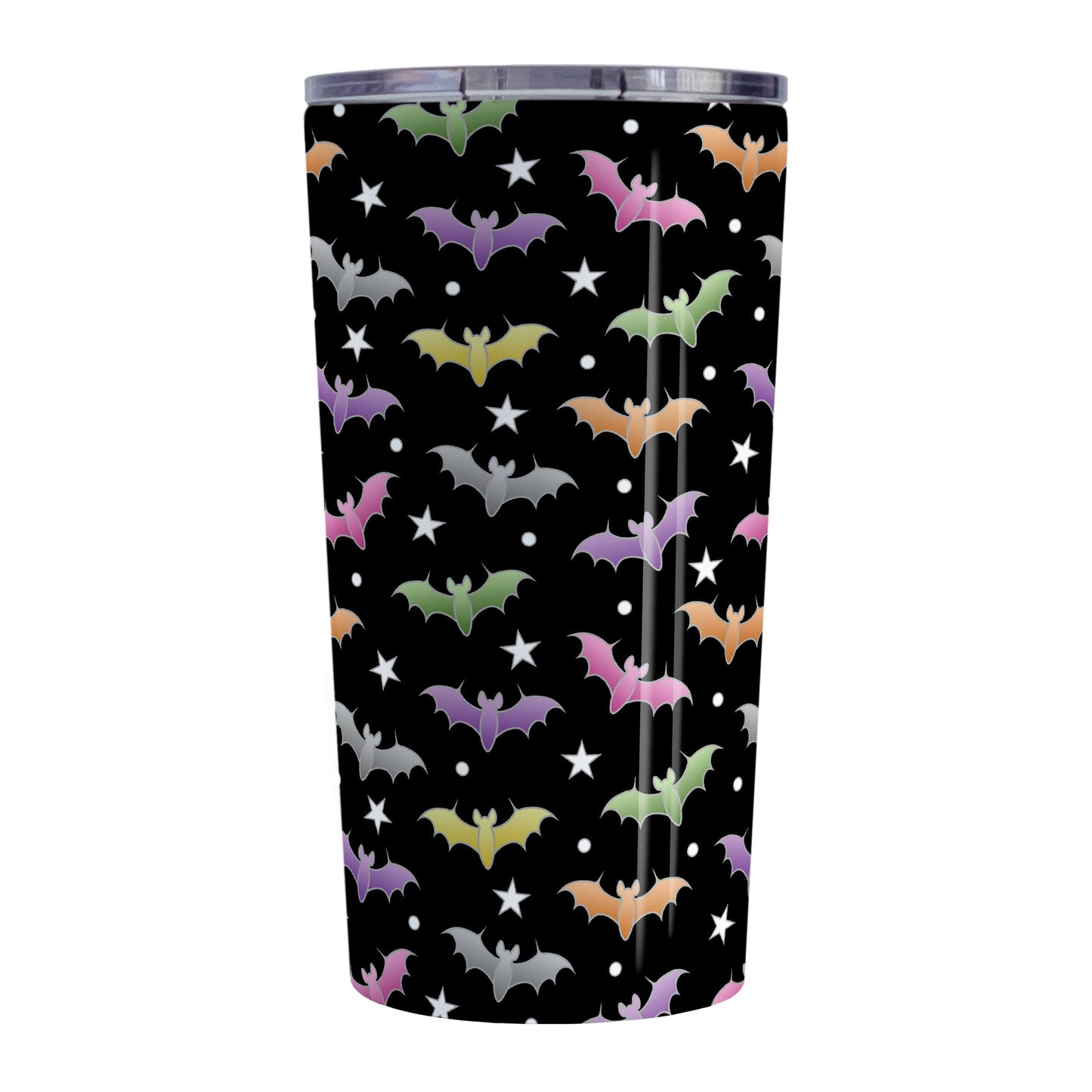 Colorful Bats Tumbler Cup (20oz) at Amy's Coffee Mugs. A tumbler cup designed with different colored bats and stars in an assorted pattern over a black background color that wraps around the cup.