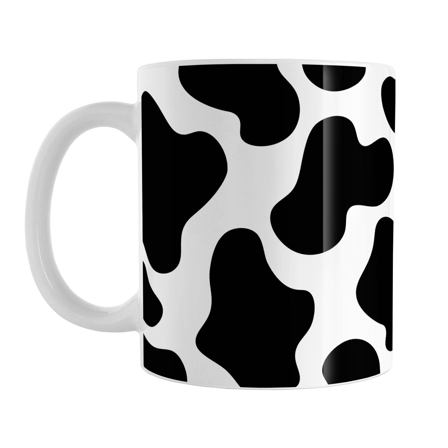 Cow Print Mug (11oz) at Amy's Coffee Mugs. A ceramic coffee mug designed with a black and white animal print pattern inspired by the spots on a cow that wraps around the mug.