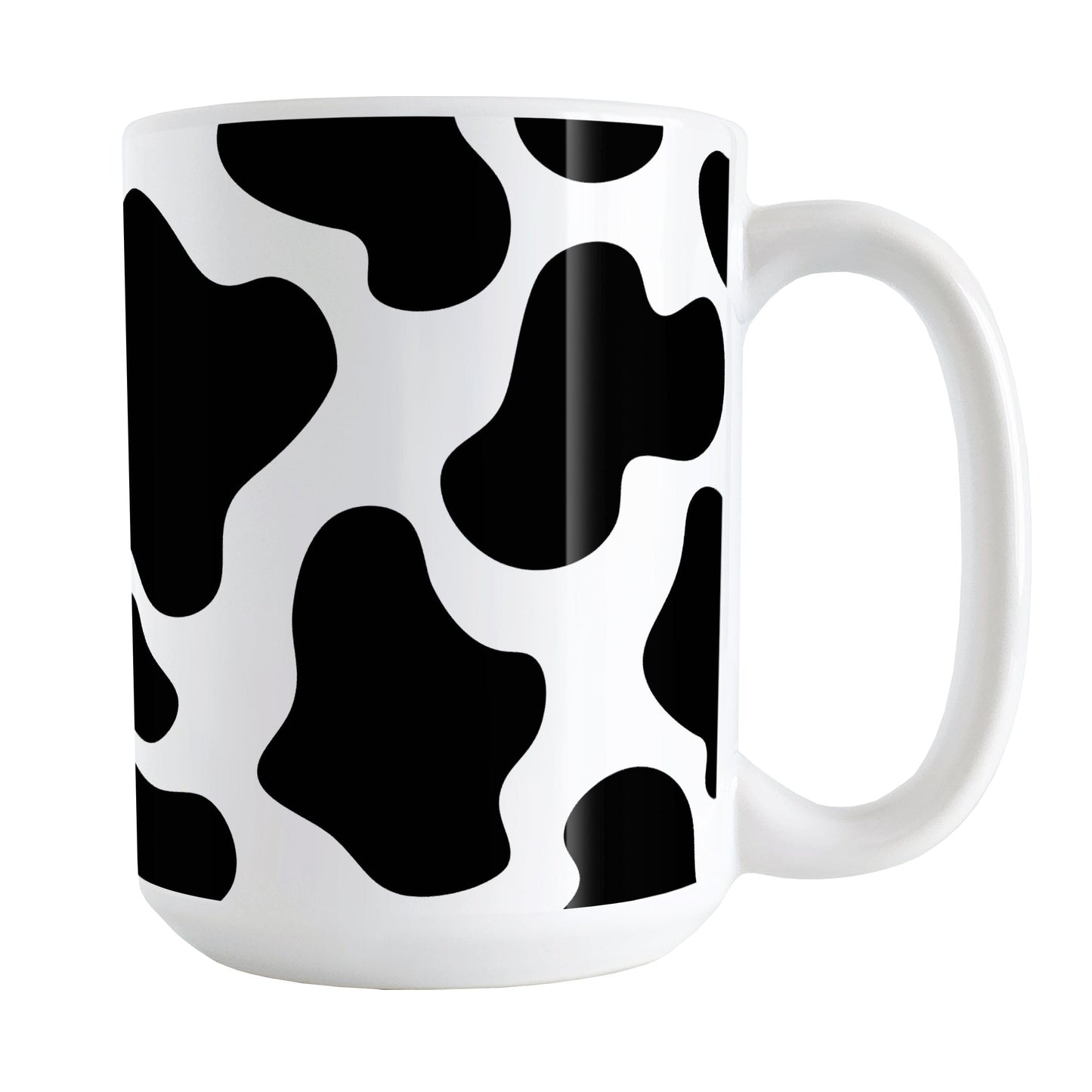 Cow Print Mug (15oz) at Amy's Coffee Mugs. A ceramic coffee mug designed with a black and white animal print pattern inspired by the spots on a cow that wraps around the mug.