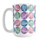 Crochet Yarn Pattern Mug (15oz) at Amy's Coffee Mugs. A ceramic coffee mug designed with colorful balls of yarn in blue, pink, purple, and mint green with crochet hooks in a pattern that wraps around the mug up to the handle. 