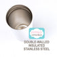 A stainless steel insulated tumbler cup shown from an overhead angle on a white background, with a logo for 'Amy's Coffee Mugs' and the text 'DOUBLE-WALLED INSULATED STAINLESS STEEL'.