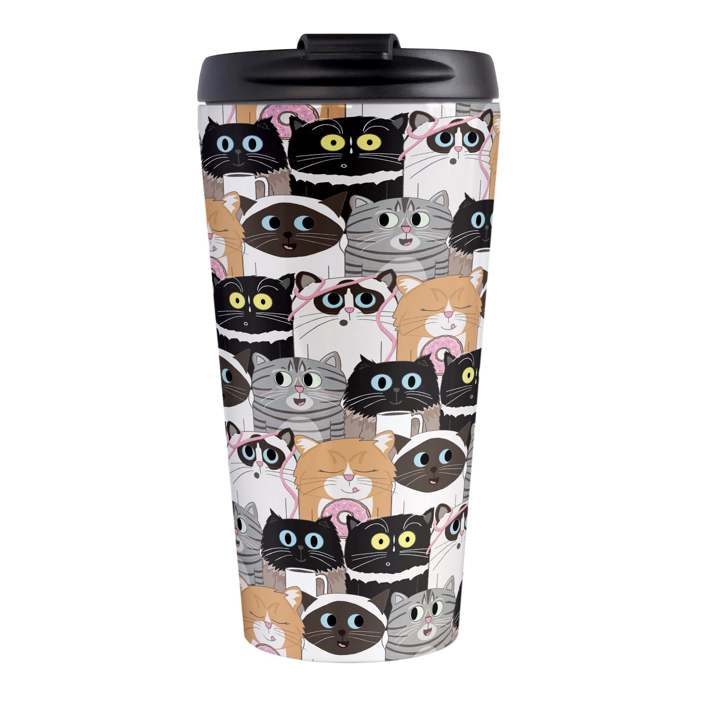 Cute Cat Stack Pattern Travel Mug (15oz) at Amy's Coffee Mugs. A cute stainless steel travel mug with an illustrated pattern of different breeds of cats with different fun expressions, with yarn, coffee, and donuts. This stacked pattern of cats wraps around the cup.