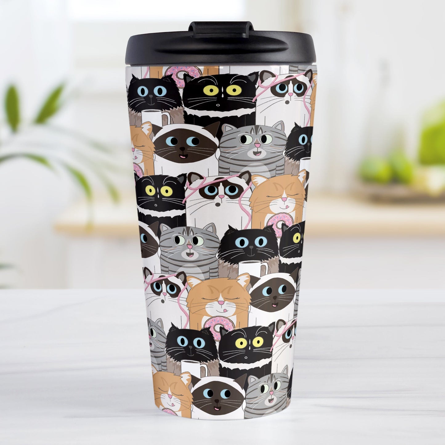 Cute Cat Stack Pattern Travel Mug (15oz) at Amy's Coffee Mugs. A cute stainless steel travel mug with an illustrated pattern of different breeds of cats with different fun expressions, with yarn, coffee, and donuts. This stacked pattern of cats wraps around the cup.
