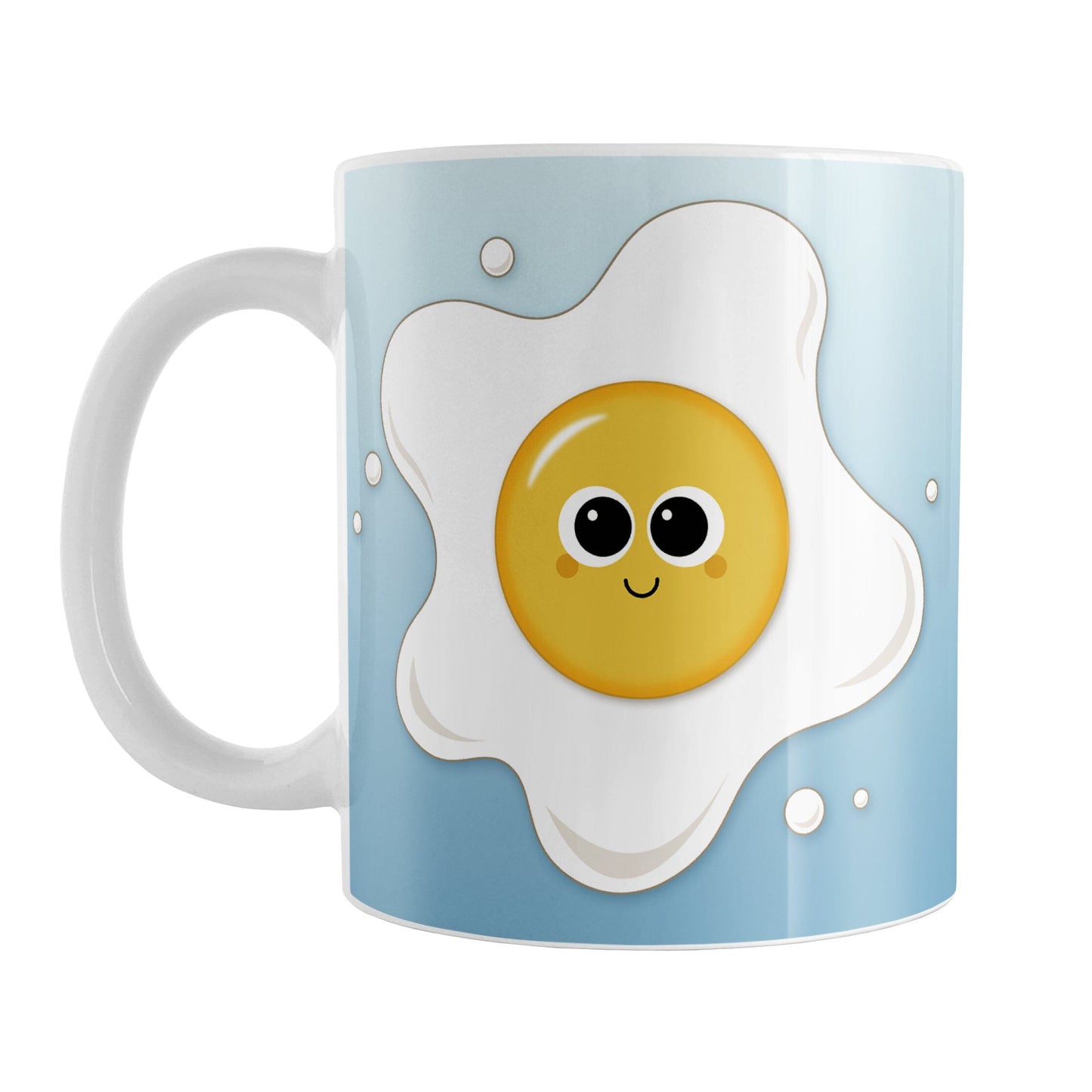 Cute Fried Egg Blue Breakfast Mug (11oz) at Amy's Coffee Mugs. A ceramic coffee mug designed with a cute and happy fried egg on both sides of the mug over a gradient blue background color that wraps around the mug up to the handle.