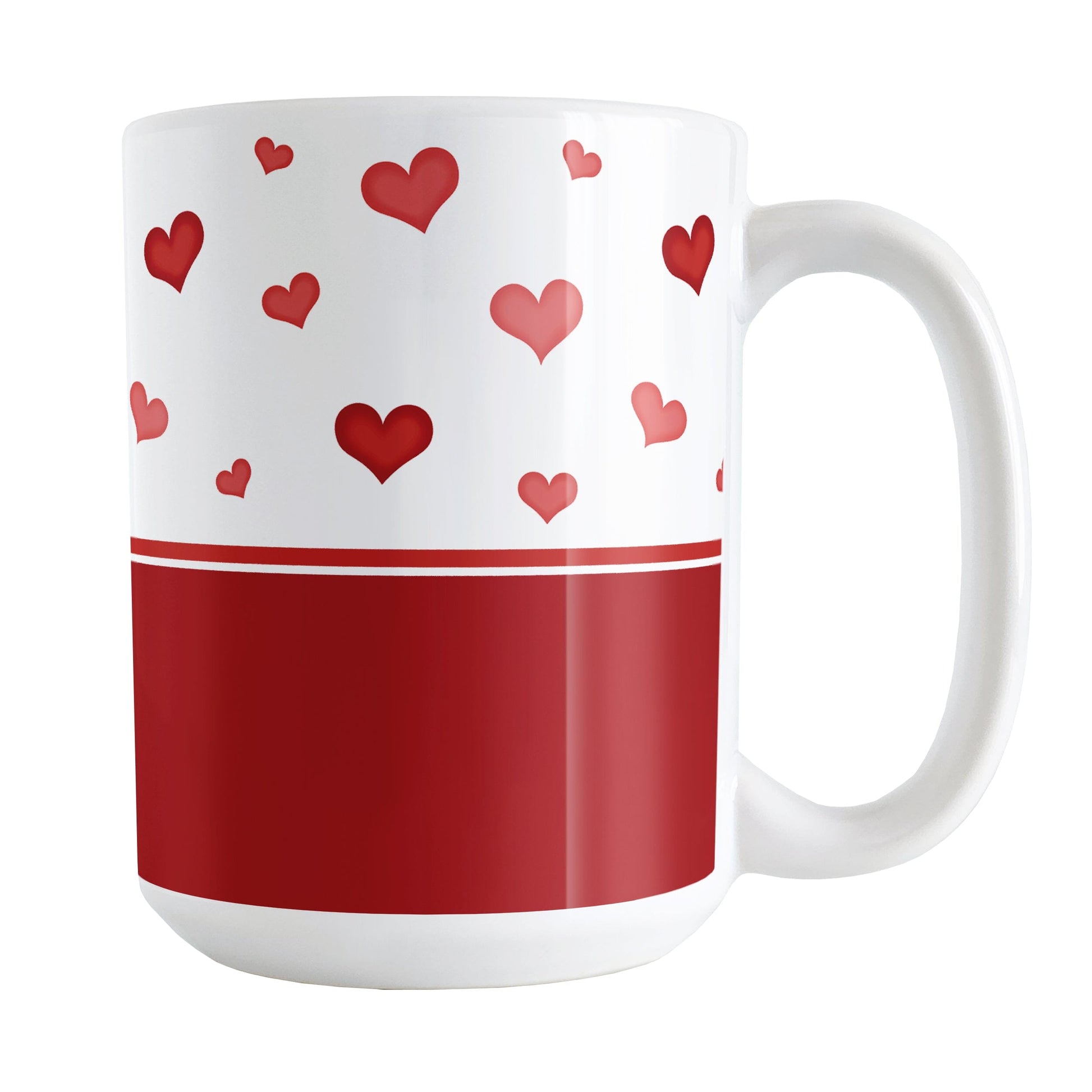 Cute Hearts and Red Mug (15oz) at Amy's Coffee Mugs. A ceramic coffee mug designed with a print of small cute hand-drawn red hearts in different shades of red in a pattern along the top and a tall darker red stripe along the bottom that wraps around the mug to the handle.