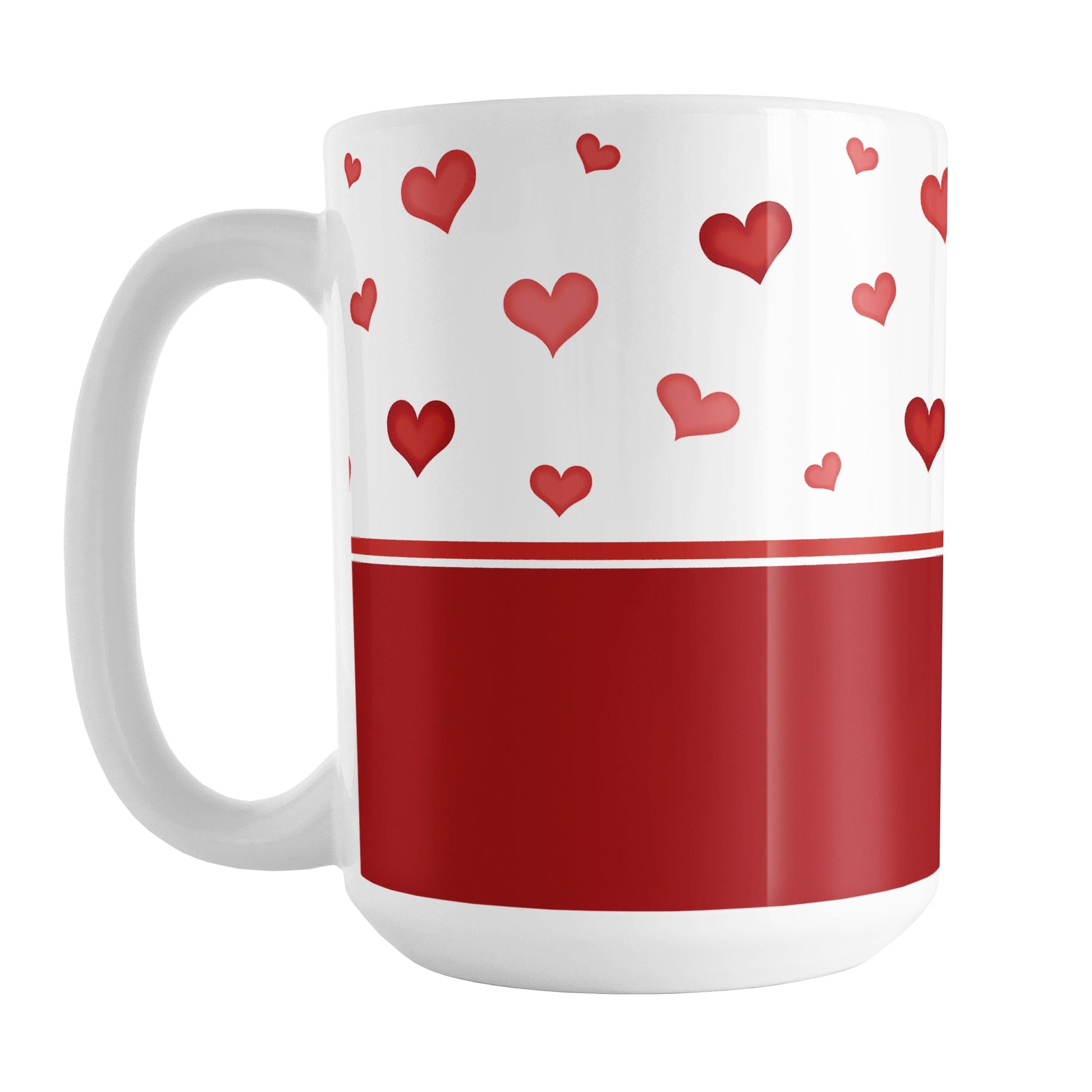 Cute Hearts and Red Mug (15oz) at Amy's Coffee Mugs. A ceramic coffee mug designed with a print of small cute hand-drawn red hearts in different shades of red in a pattern along the top and a tall darker red stripe along the bottom that wraps around the mug to the handle.