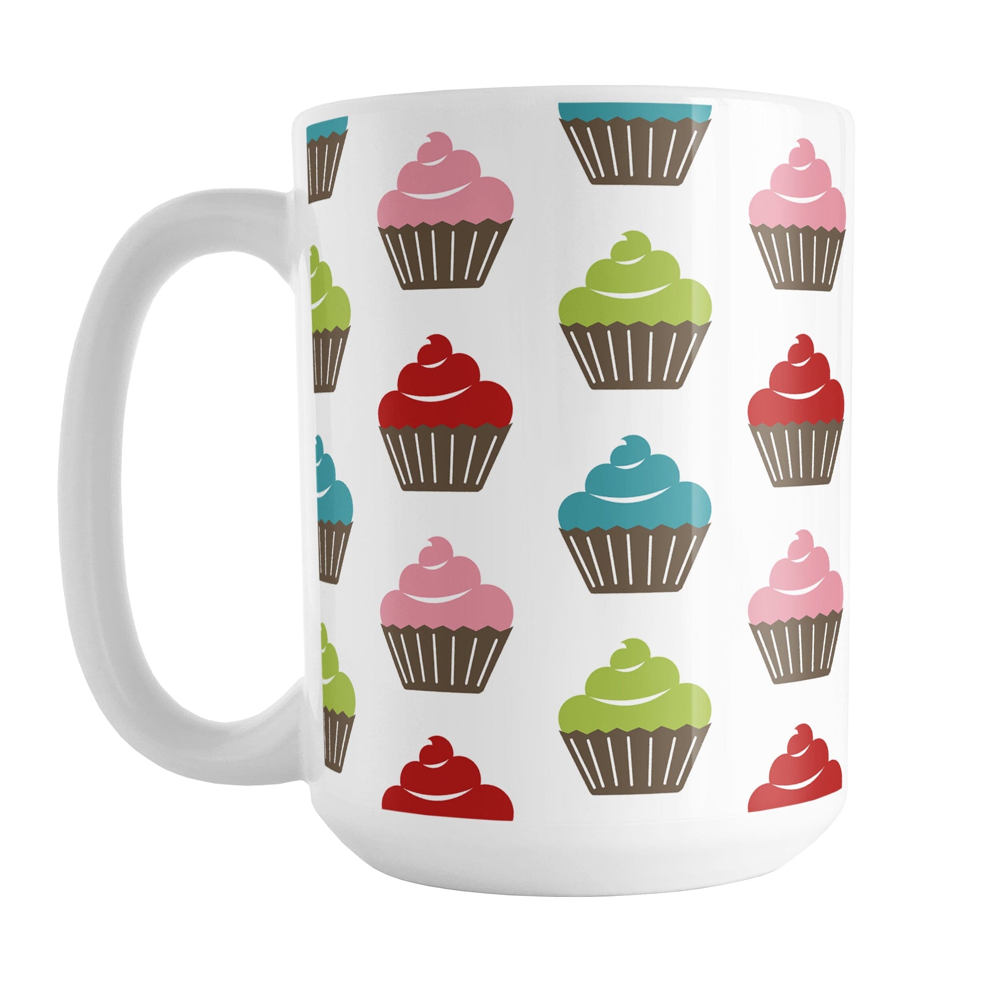 Cute Modern Cupcakes Mug (15oz) at Amy's Coffee Mugs. A ceramic coffee mug designed with simple, modern cupcakes with pink, turquoise, green, and red frosting in brown cupcake wrappers in a pattern that wraps around the mug up to the handle.