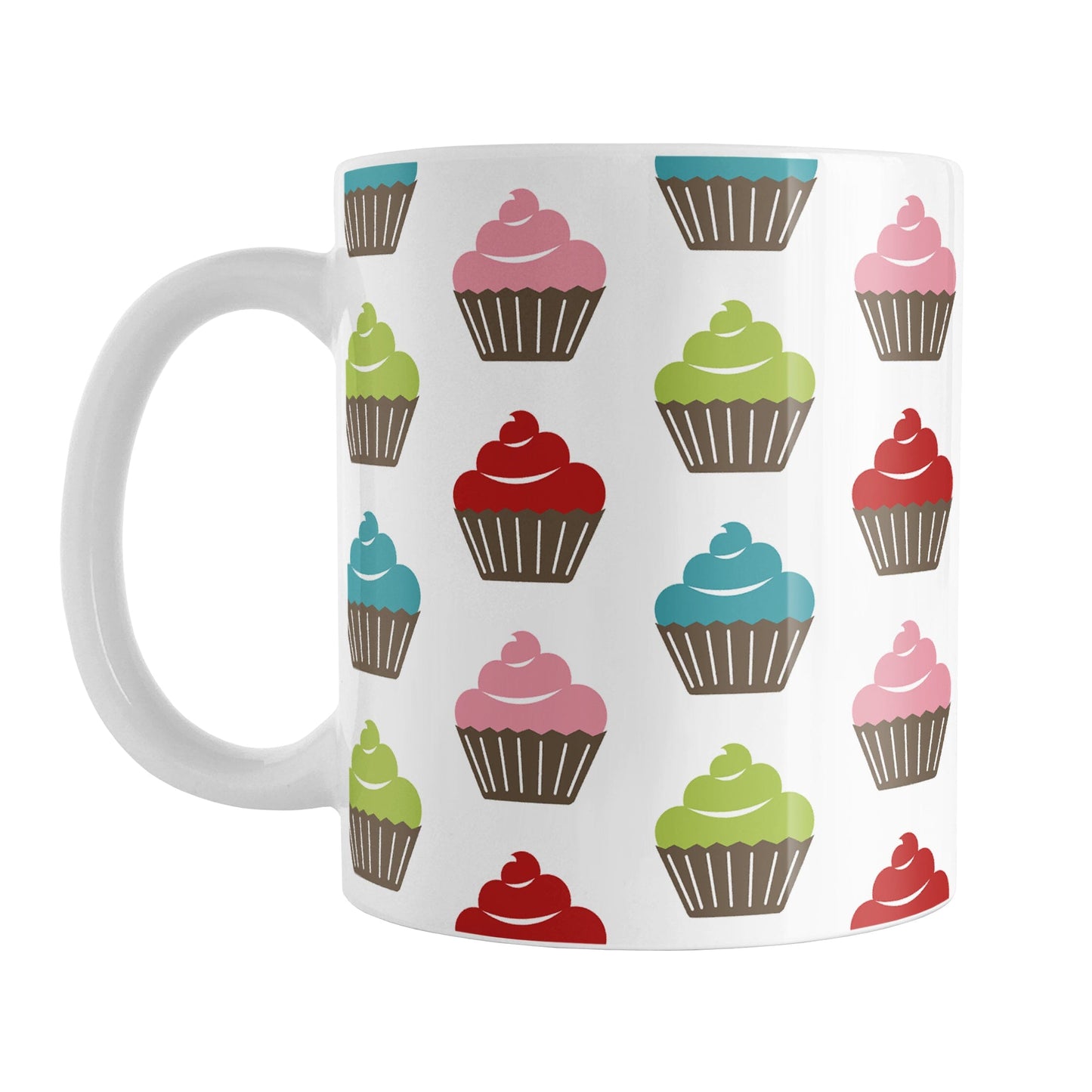 Cute Modern Cupcakes Mug (11oz) at Amy's Coffee Mugs. A ceramic coffee mug designed with simple, modern cupcakes with pink, turquoise, green, and red frosting in brown cupcake wrappers in a pattern that wraps around the mug up to the handle.