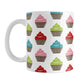 Cute Modern Cupcakes Mug (11oz) at Amy's Coffee Mugs. A ceramic coffee mug designed with simple, modern cupcakes with pink, turquoise, green, and red frosting in brown cupcake wrappers in a pattern that wraps around the mug up to the handle.