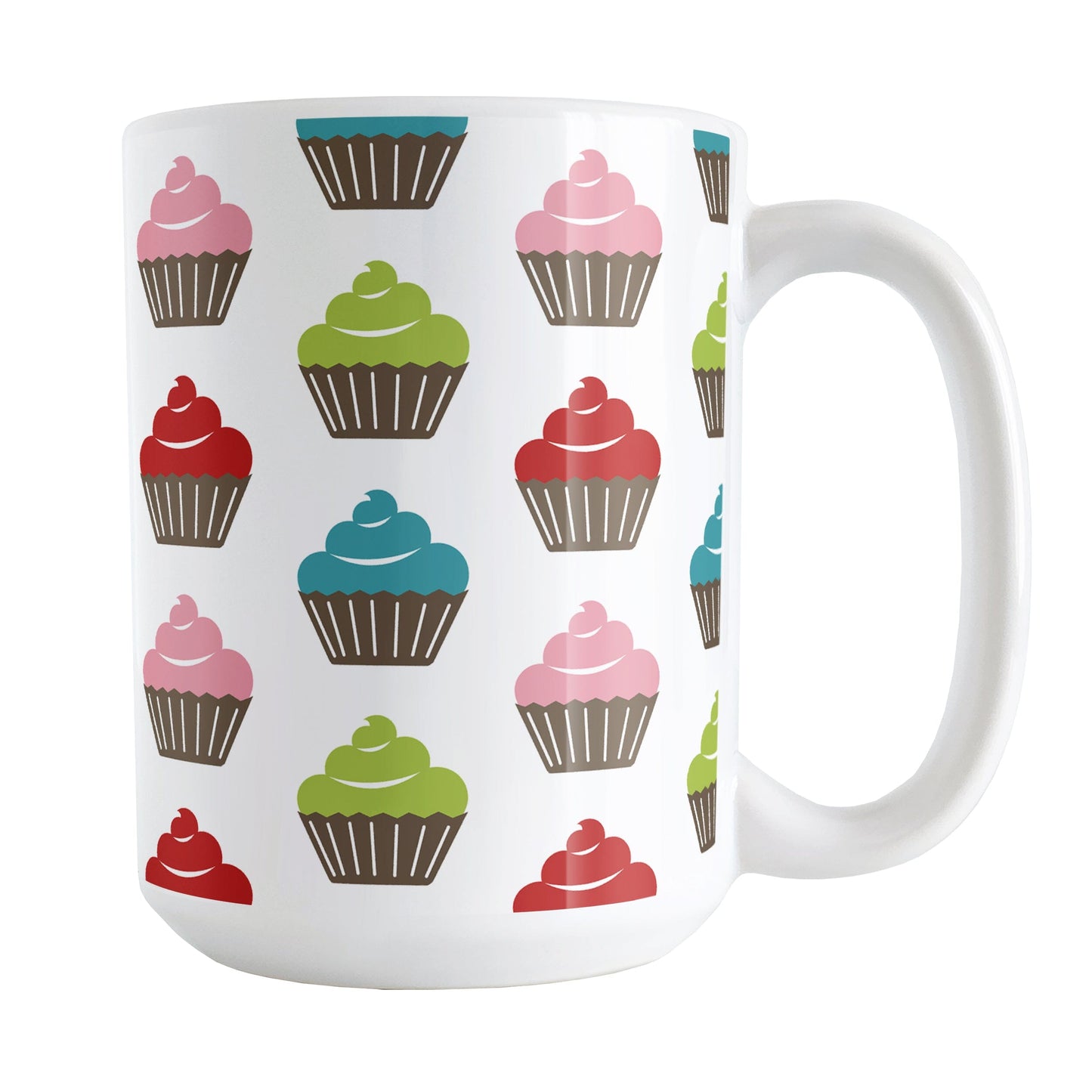 Cute Modern Cupcakes Mug (15oz) at Amy's Coffee Mugs. A ceramic coffee mug designed with simple, modern cupcakes with pink, turquoise, green, and red frosting in brown cupcake wrappers in a pattern that wraps around the mug up to the handle.