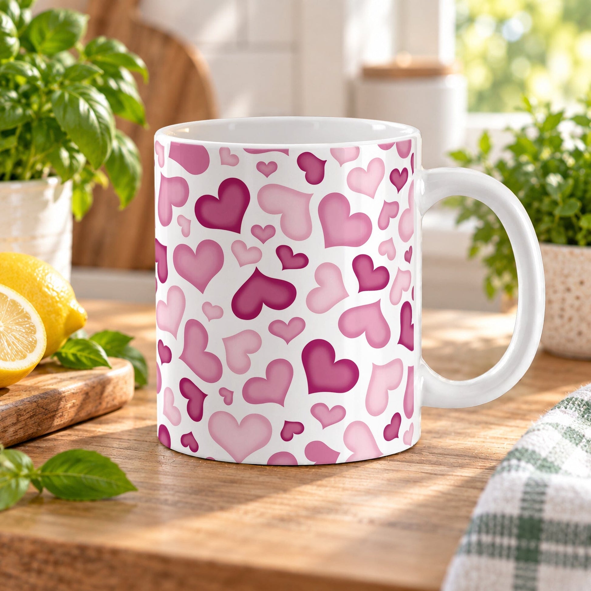 11 oz cute pink hearts pattern mug with scattered pink hearts in multiple shades and sizes, displayed on a wooden table in a bright kitchen with green plants, a tea towel, and lemons on a wood cutting board.