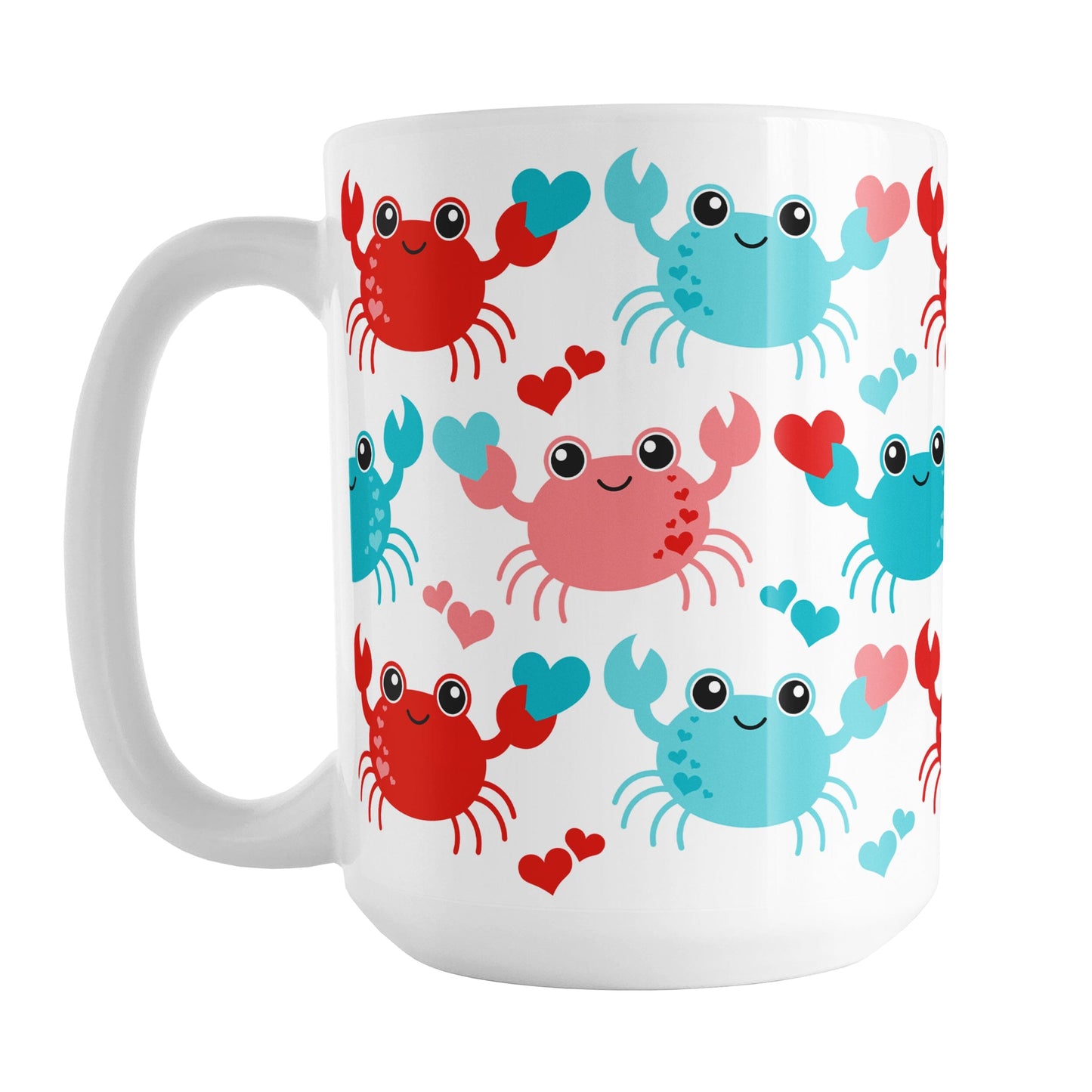 15oz white mug with a red and turquoise crabs pattern design