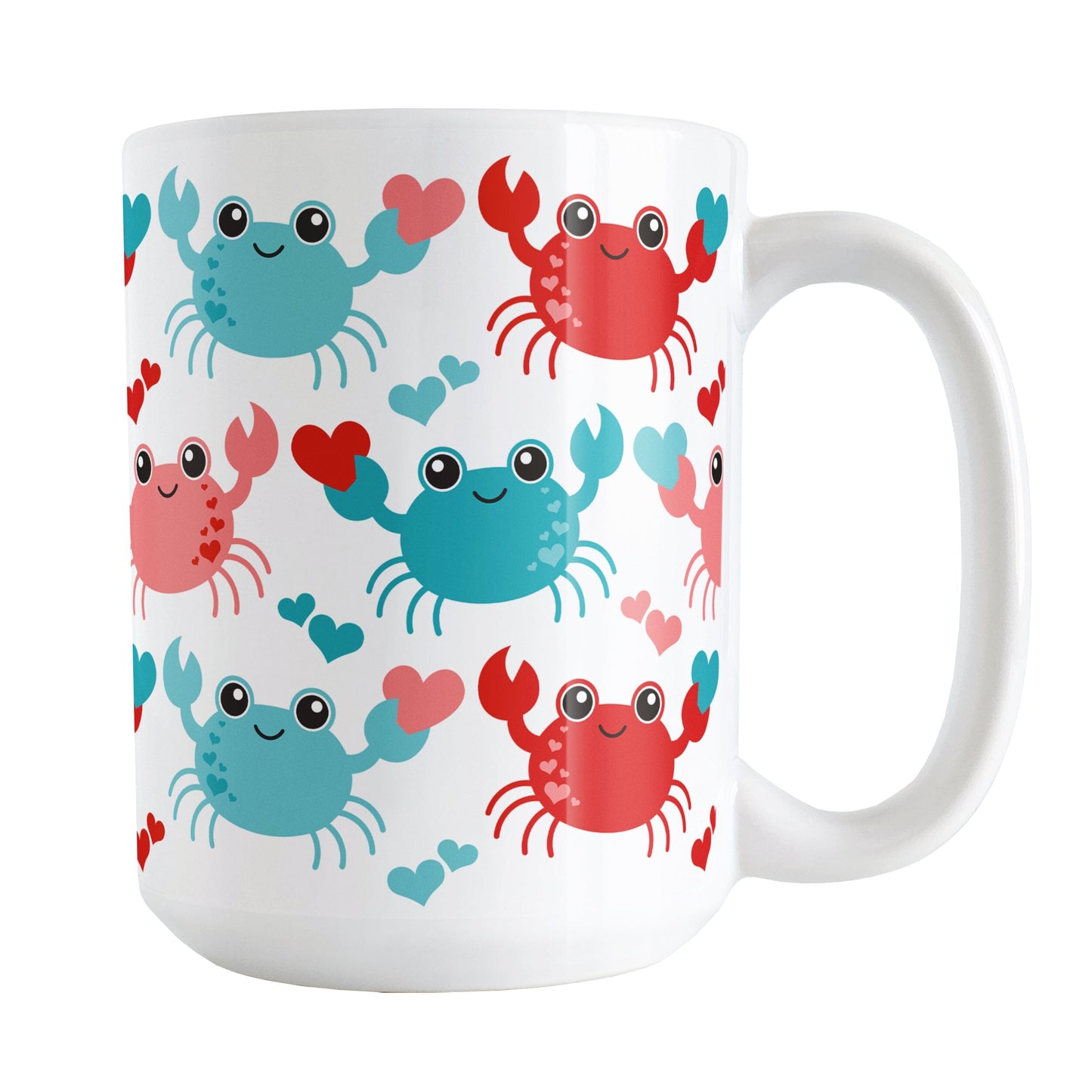 15oz white mug with a red and turquoise crabs pattern design
