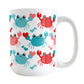 15oz white mug with a red and turquoise crabs pattern design