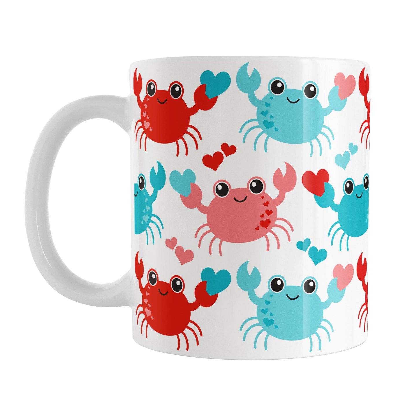 11oz white mug with a red and turquoise crabs pattern design