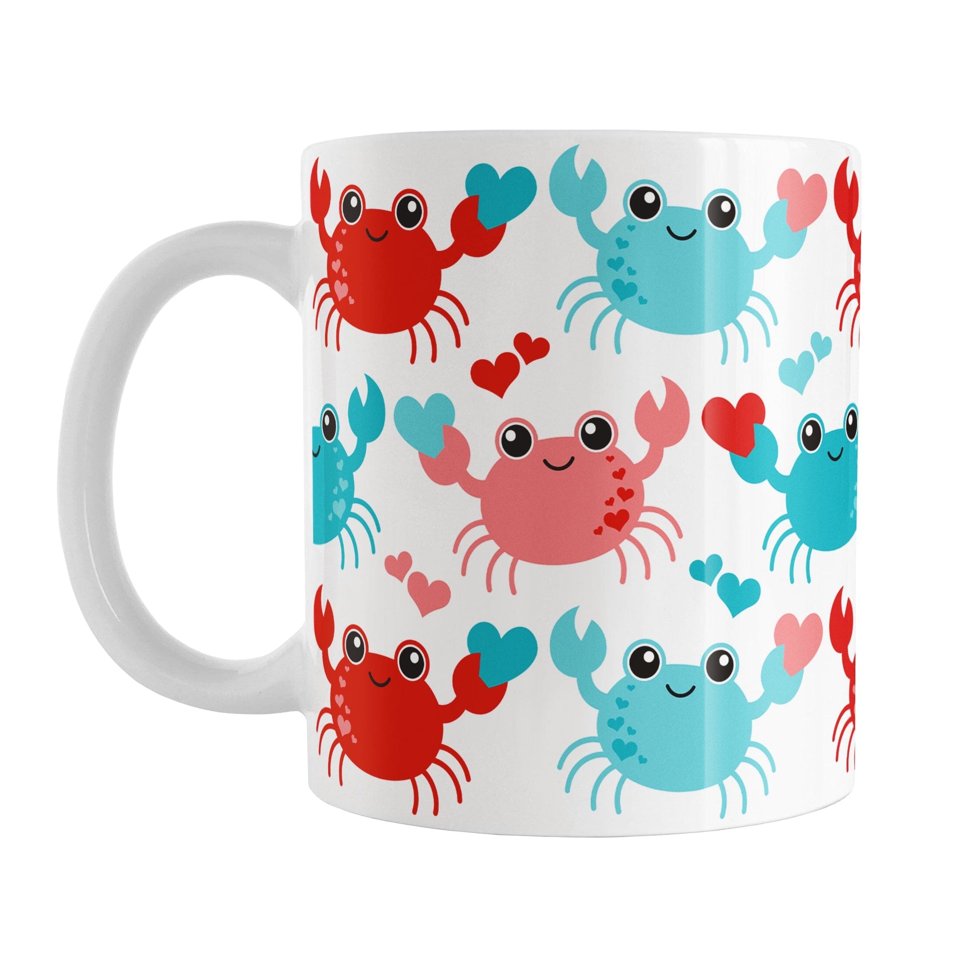 11oz white mug with a red and turquoise crabs pattern design