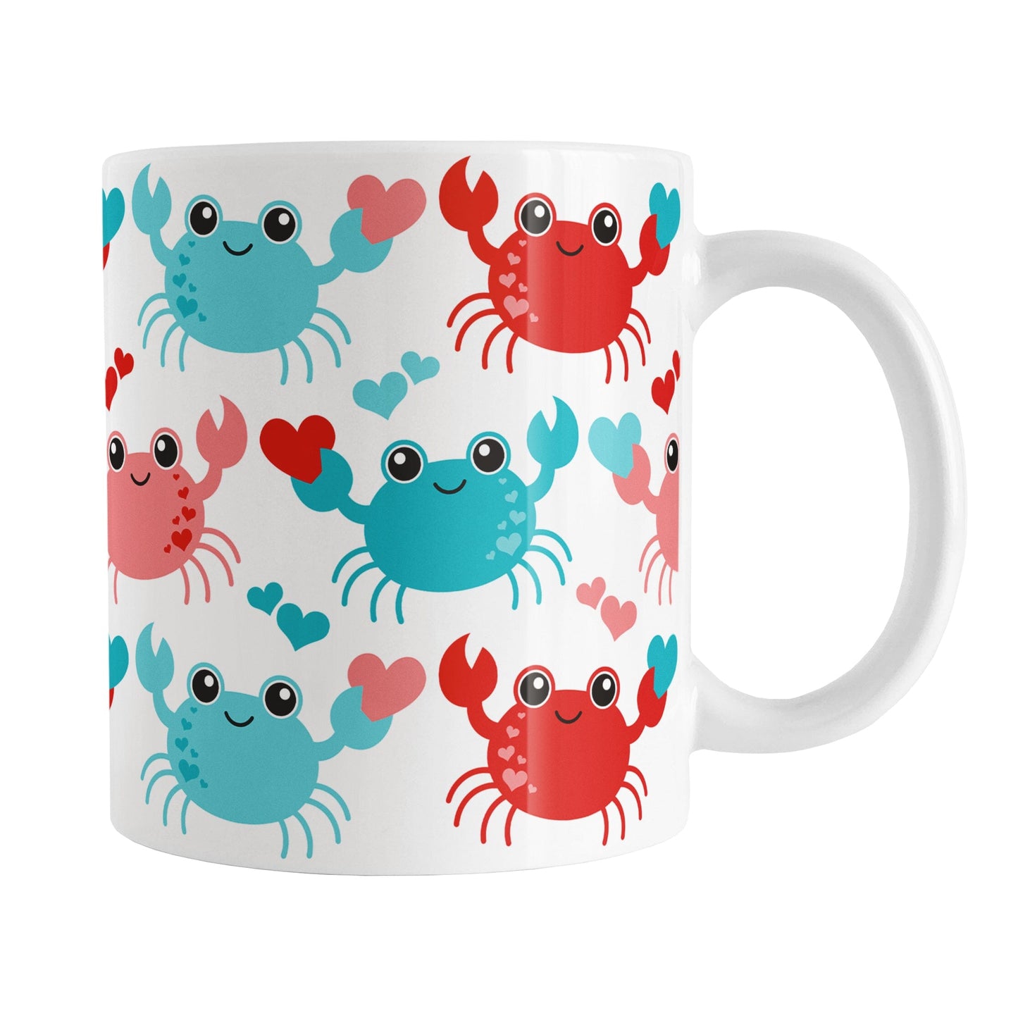 11oz white mug with a red and turquoise crabs pattern design