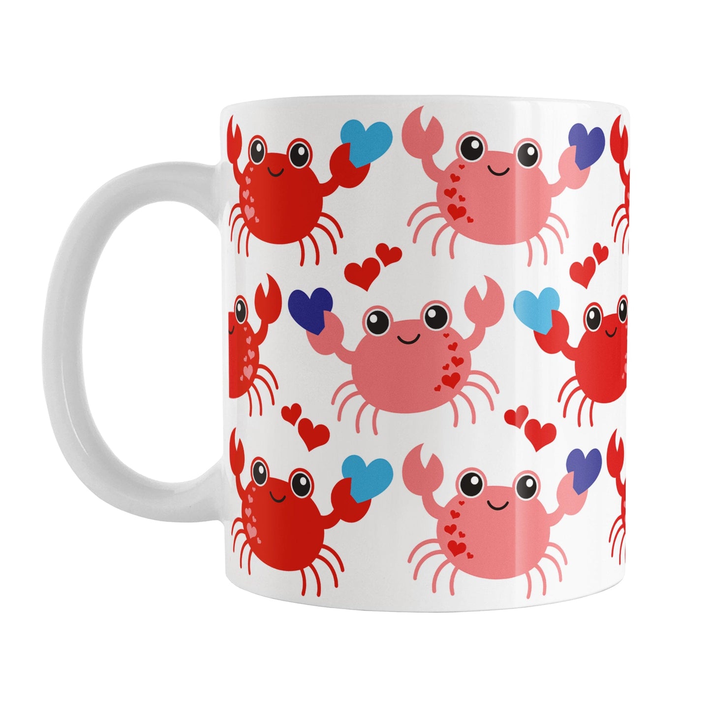 11oz white ceramic coffee mug with an adorable red crabs holding blue hearts design