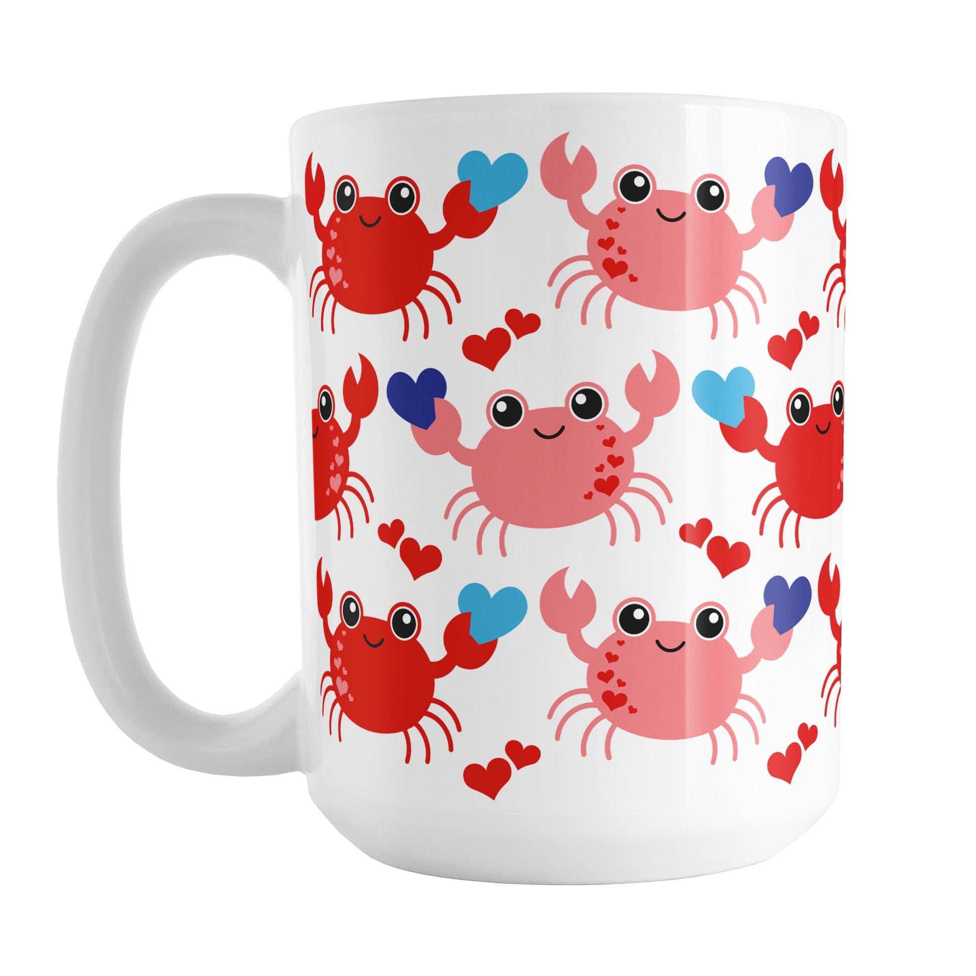 15oz white ceramic coffee mug with an adorable red crabs holding blue hearts design