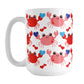 15oz white ceramic coffee mug with an adorable red crabs holding blue hearts design