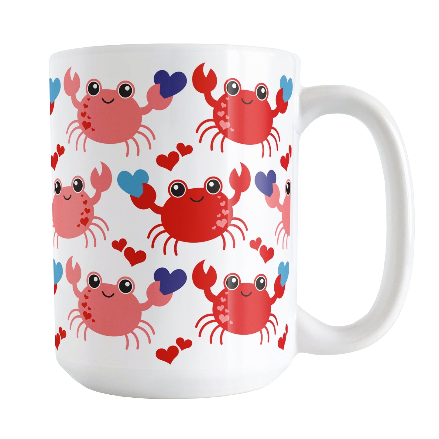 15oz white ceramic coffee mug with an adorable red crabs holding blue hearts design