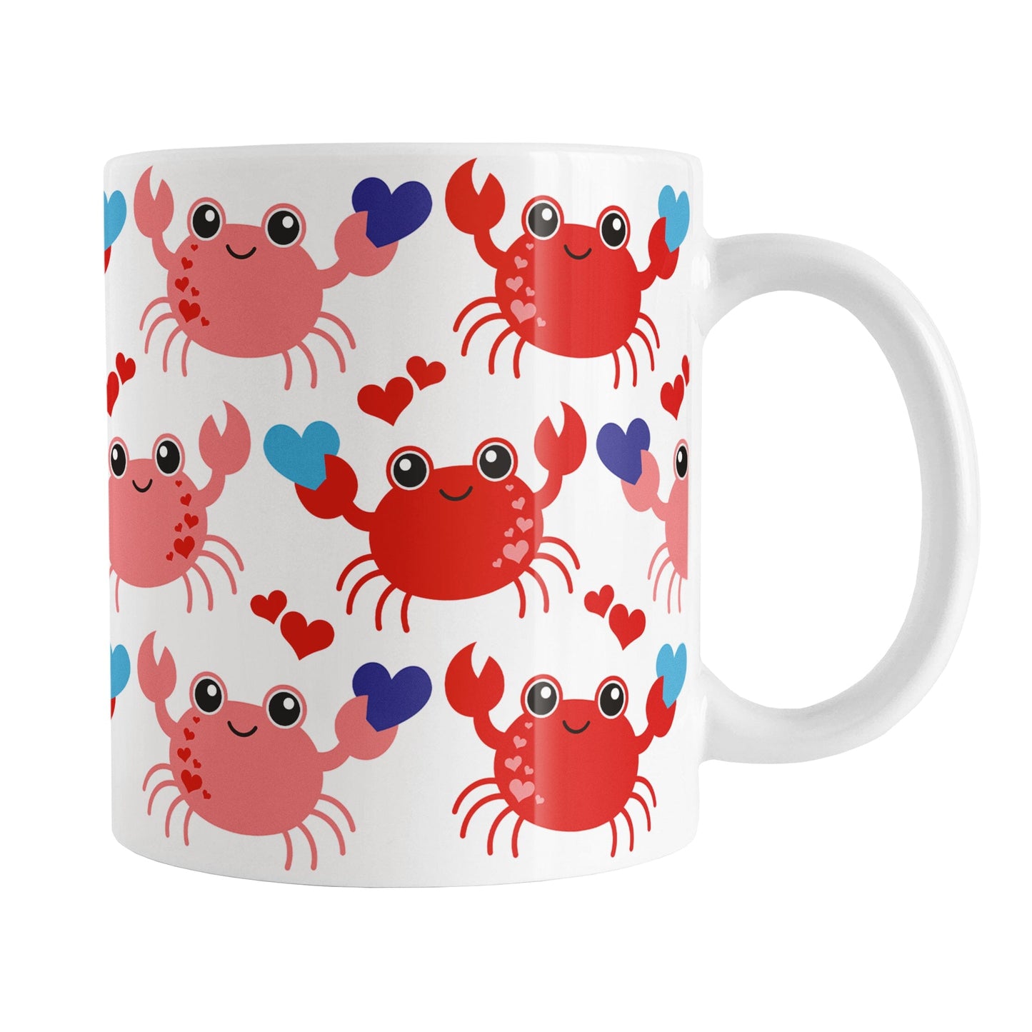 11oz white ceramic coffee mug with an adorable red crabs holding blue hearts design