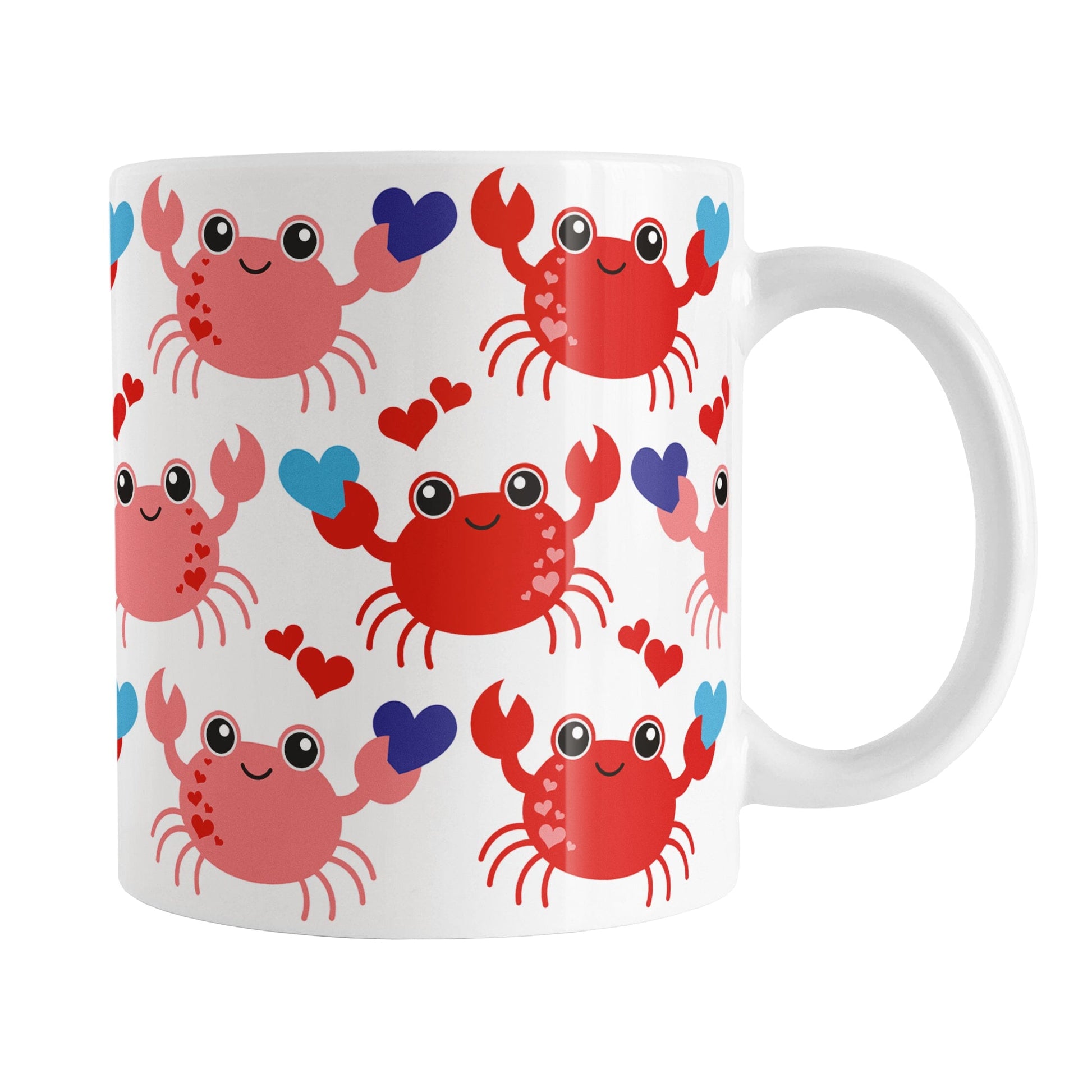 11oz white ceramic coffee mug with an adorable red crabs holding blue hearts design