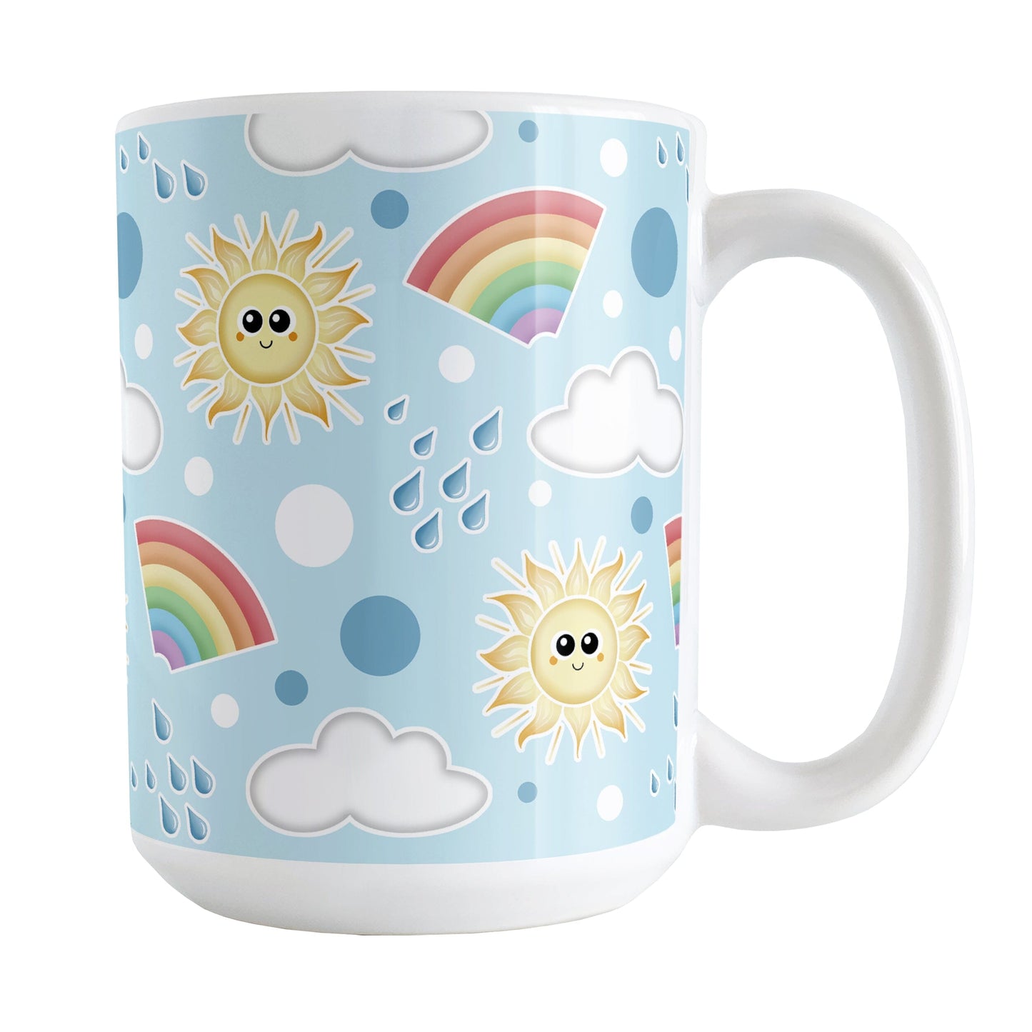 Cute Sunshine and Rainbows Mug (15oz) at Amy's Coffee Mugs. A ceramic coffee mug designed with happy and smiling yellow suns, colorful rainbows, raindrops, and clouds over a blue sky background color in a pattern that wraps around the mug to the handle. 