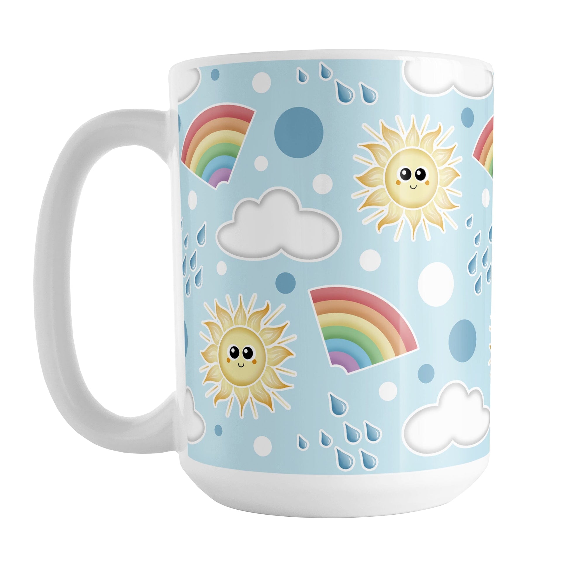 Cute Sunshine and Rainbows Mug (15oz) at Amy's Coffee Mugs. A ceramic coffee mug designed with happy and smiling yellow suns, colorful rainbows, raindrops, and clouds over a blue sky background color in a pattern that wraps around the mug to the handle. 