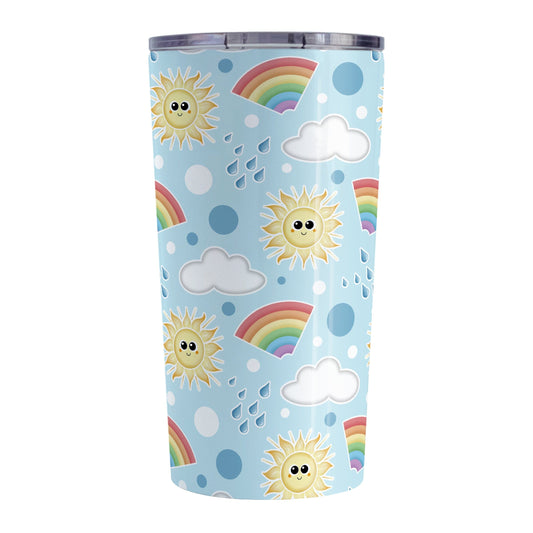 Cute Sunshine and Rainbows Tumbler Cup (20oz) at Amy's Coffee Mugs. A stainless steel tumbler cup designed with happy and smiling yellow suns, colorful rainbows, raindrops, and clouds over a blue sky background color in a pattern that wraps around the cup.