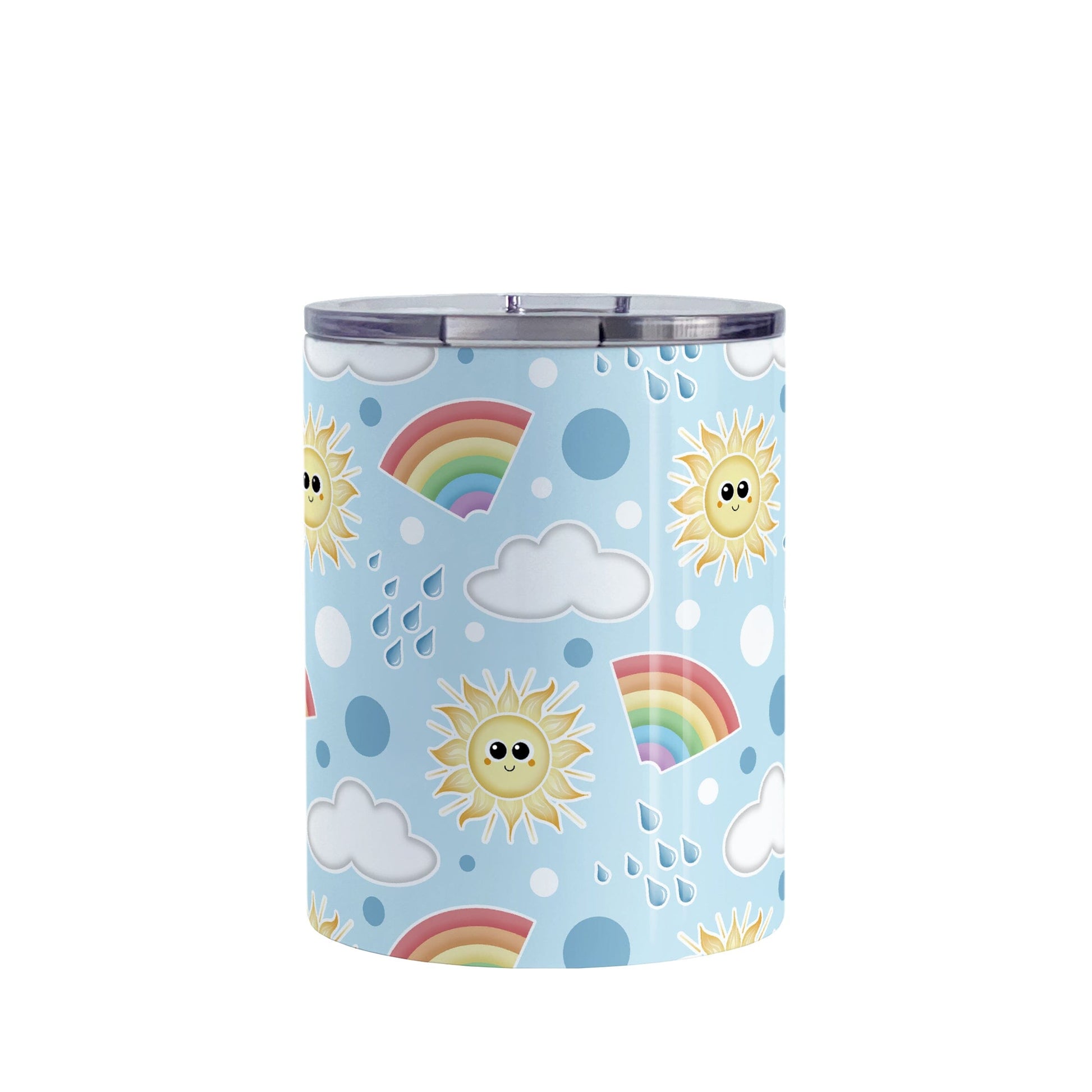 Cute Sunshine and Rainbows Tumbler Cup (10oz) at Amy's Coffee Mugs. A stainless steel tumbler cup designed with happy and smiling yellow suns, colorful rainbows, raindrops, and clouds over a blue sky background color in a pattern that wraps around the cup.