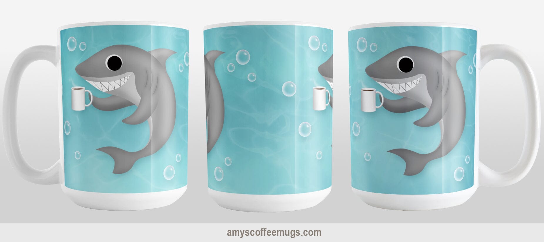 Cute Underwater Coffee Shark Mug (15oz) at Amy's Coffee Mugs. A ceramic coffee mug designed with an under the sea illustration of a cute shark smiling and holding a cup of coffee on both sides of the mug over a turquoise underwater background with bubbles that wraps around the mug up to the handle. Image shows three views of the mug to display the entire design.