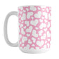 Cute White Hearts on Pink Mug (15oz) at Amy's Coffee Mugs. A ceramic coffee mug designed with a multi-directional pattern of cute white hearts over a pink background color that wraps around the mug to the handle.