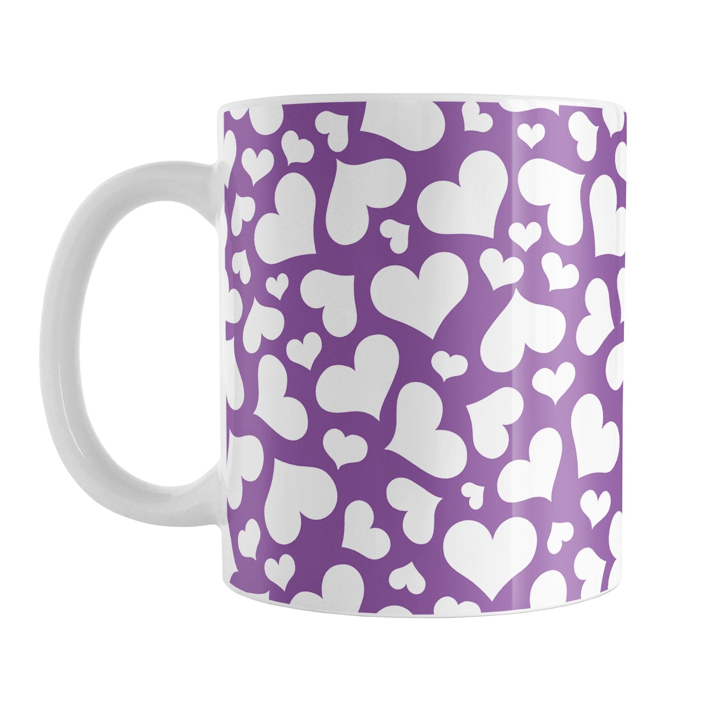 Cute White Hearts on Purple Mug (11oz) at Amy's Coffee Mugs. A ceramic coffee mug designed with a multi-directional pattern of cute white hearts over a purple background color that wraps around the mug to the handle.