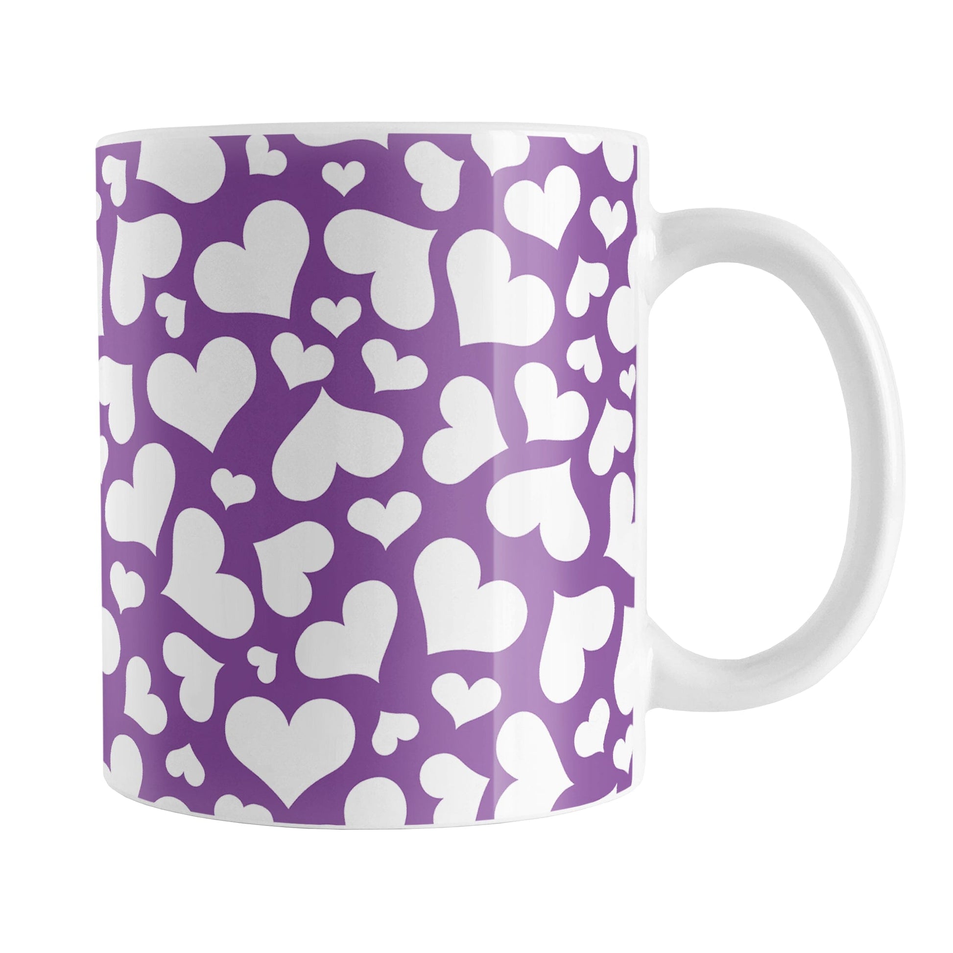 Cute White Hearts on Purple Mug (11oz) at Amy's Coffee Mugs. A ceramic coffee mug designed with a multi-directional pattern of cute white hearts over a purple background color that wraps around the mug to the handle.