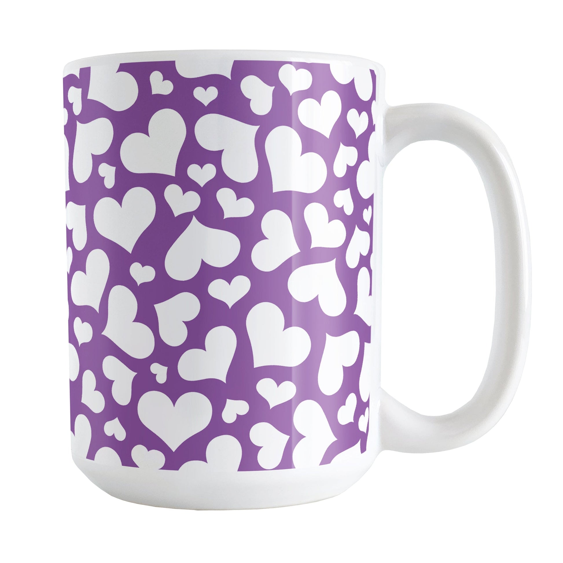 Cute White Hearts on Purple Mug (15oz) at Amy's Coffee Mugs. A ceramic coffee mug designed with a multi-directional pattern of cute white hearts over a purple background color that wraps around the mug to the handle.