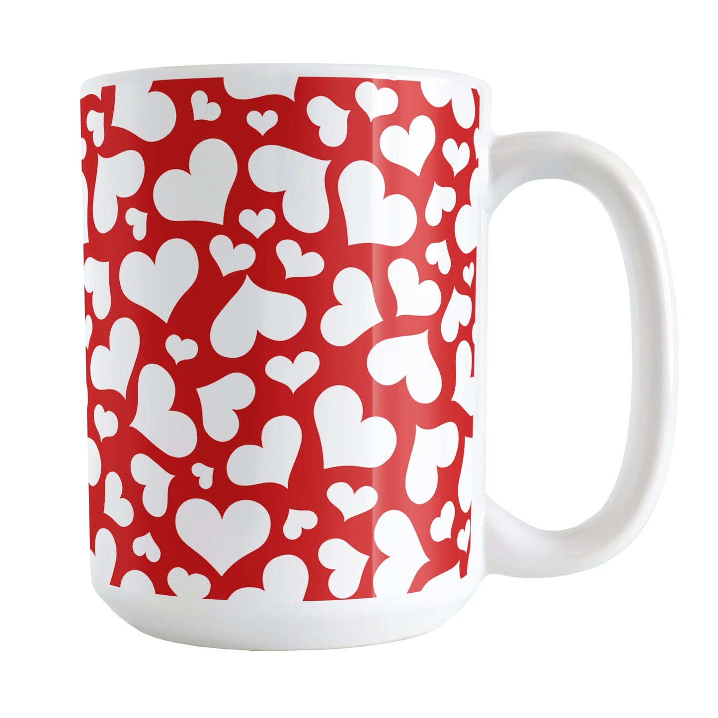 Cute White Hearts on Red Mug (15oz) at Amy's Coffee Mugs. A ceramic coffee mug designed with a multi-directional pattern of cute white hearts over a red background color that wraps around the mug to the handle.