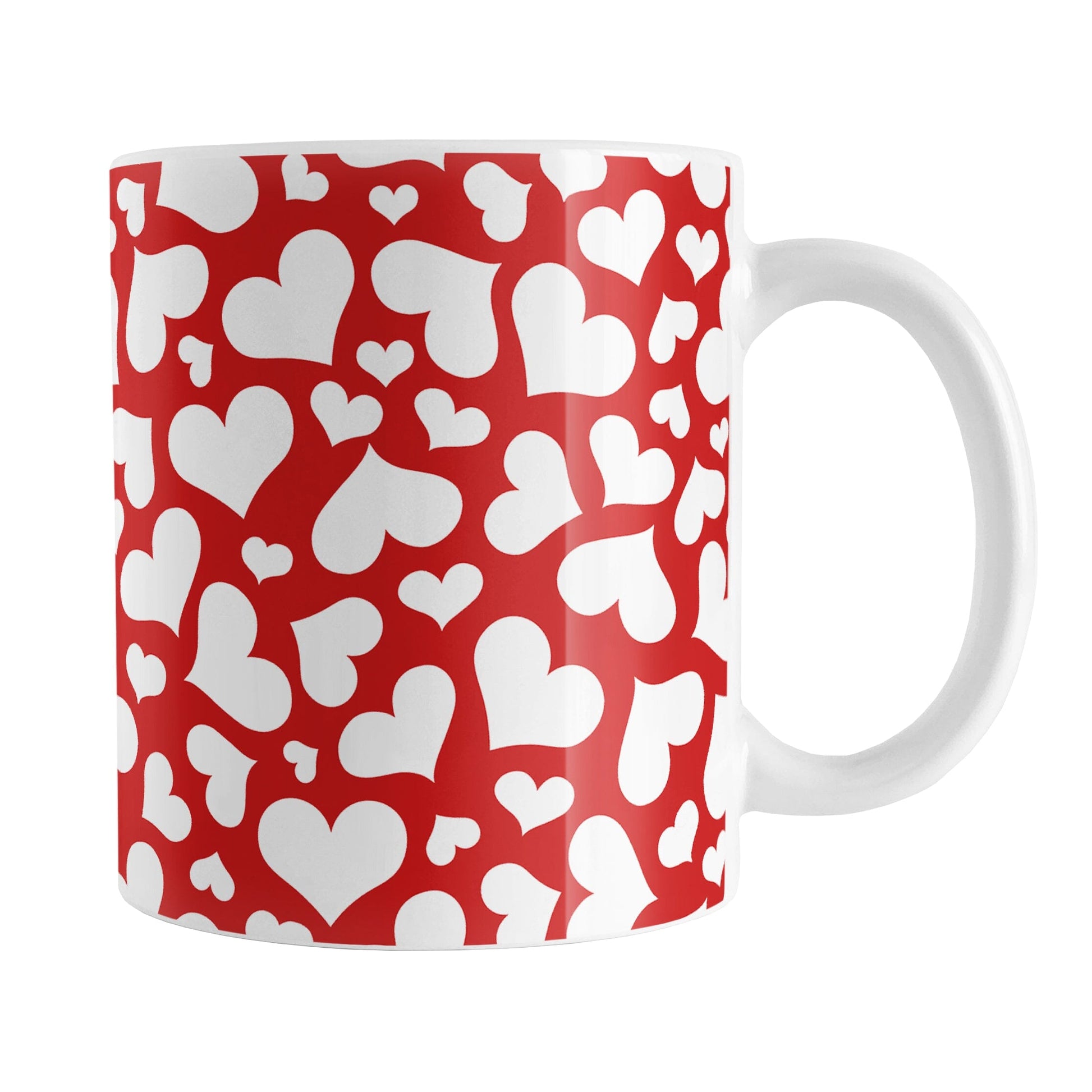 Cute White Hearts on Red Mug (11oz) at Amy's Coffee Mugs. A ceramic coffee mug designed with a multi-directional pattern of cute white hearts over a red background color that wraps around the mug to the handle.