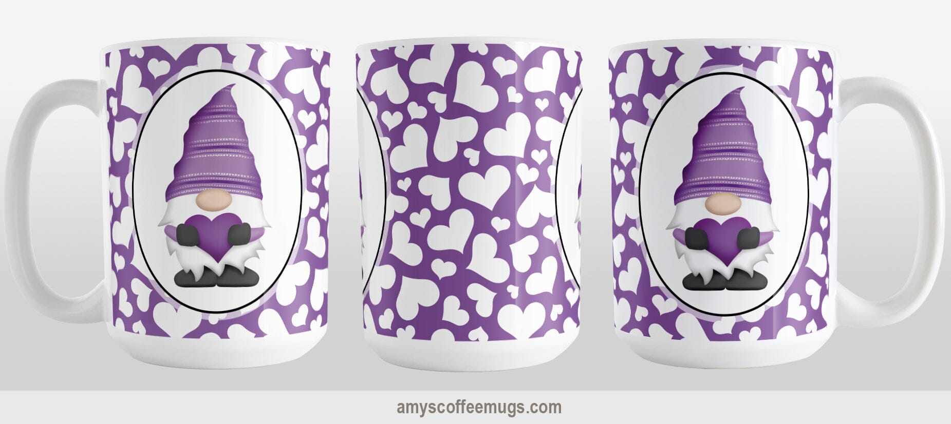 Cute White Hearts Purple Gnome Mug (15oz) at Amy's Coffee Mugs. A ceramic coffee mug designed with an adorable purple gnome in a white oval on both sides of the mug over a pattern of cute white hearts over a purple background that wraps around the mug to the handle. Image shows three sides of the mug to show the entire design.