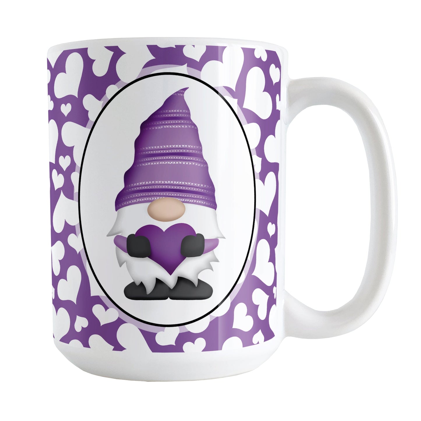 Cute White Hearts Purple Gnome Mug (15oz) at Amy's Coffee Mugs. A ceramic coffee mug designed with an adorable purple gnome in a white oval on both sides of the mug over a pattern of cute white hearts over a purple background that wraps around the mug to the handle.