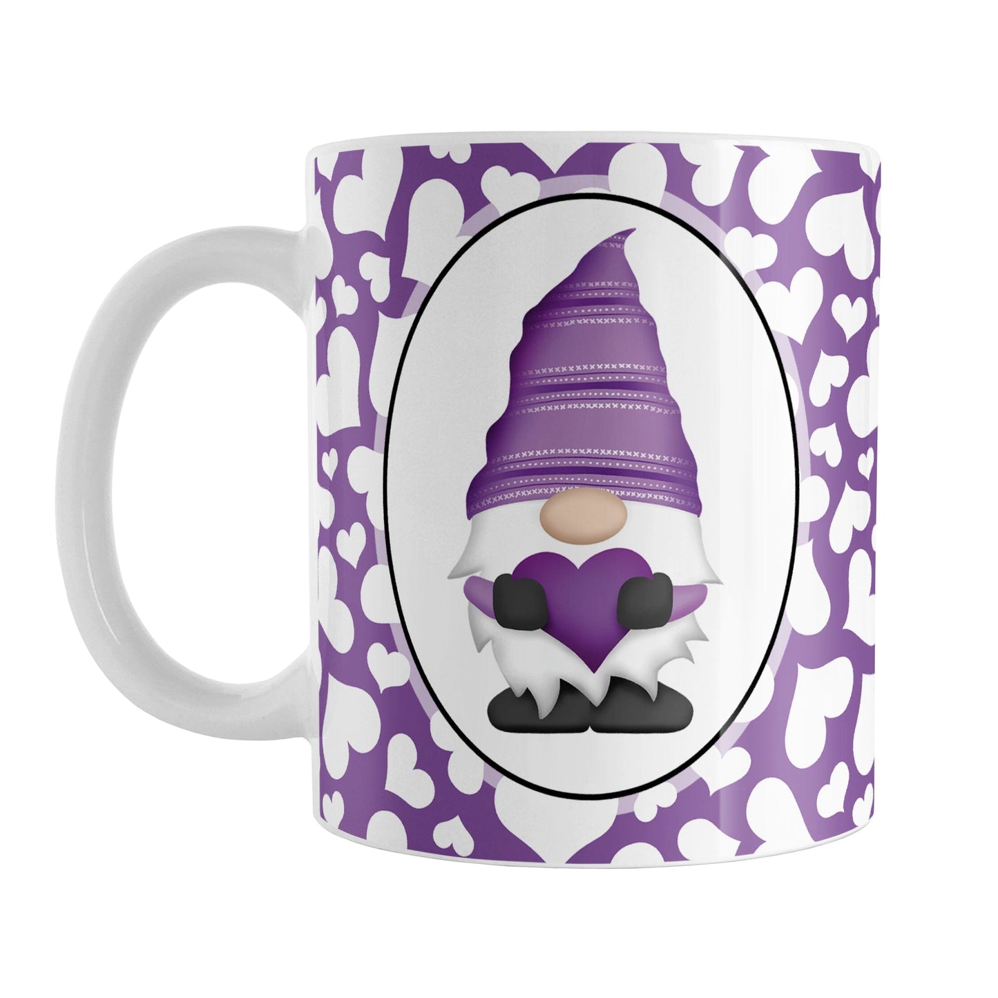 Cute White Hearts Purple Gnome Mug (11oz) at Amy's Coffee Mugs. A ceramic coffee mug designed with an adorable purple gnome in a white oval on both sides of the mug over a pattern of cute white hearts over a purple background that wraps around the mug to the handle.