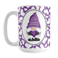 Cute White Hearts Purple Gnome Mug (15oz) at Amy's Coffee Mugs. A ceramic coffee mug designed with an adorable purple gnome in a white oval on both sides of the mug over a pattern of cute white hearts over a purple background that wraps around the mug to the handle.