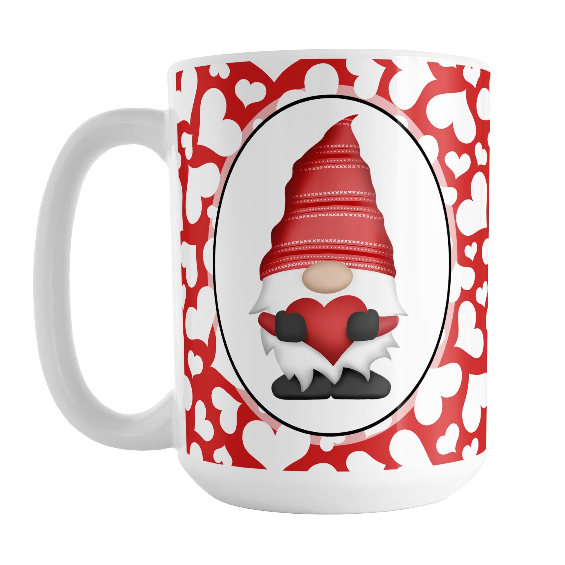 Cute White Hearts Red Gnome Mug (15oz) at Amy's Coffee Mugs. A ceramic coffee mug designed with an adorable red gnome in a white oval on both sides of the mug over a pattern of cute white hearts over a red background that wraps around the mug to the handle.