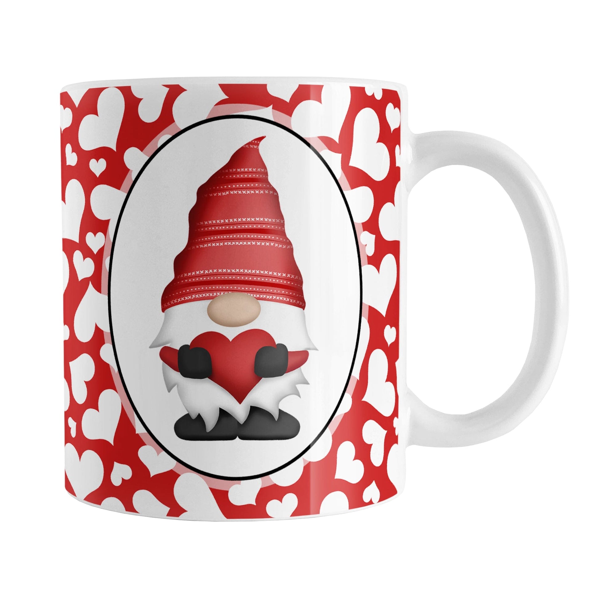 Cute White Hearts Red Gnome Mug (11oz) at Amy's Coffee Mugs. A ceramic coffee mug designed with an adorable red gnome in a white oval on both sides of the mug over a pattern of cute white hearts over a red background that wraps around the mug to the handle.