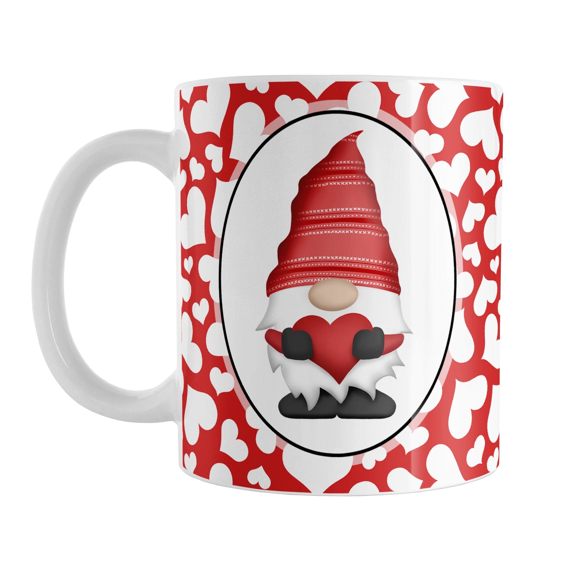 Cute White Hearts Red Gnome Mug (11oz) at Amy's Coffee Mugs. A ceramic coffee mug designed with an adorable red gnome in a white oval on both sides of the mug over a pattern of cute white hearts over a red background that wraps around the mug to the handle.