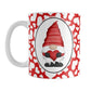 Cute White Hearts Red Gnome Mug (11oz) at Amy's Coffee Mugs. A ceramic coffee mug designed with an adorable red gnome in a white oval on both sides of the mug over a pattern of cute white hearts over a red background that wraps around the mug to the handle.