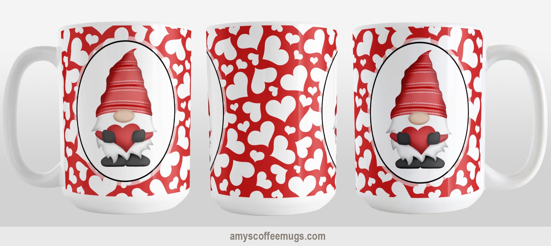 Cute White Hearts Red Gnome Mug (15oz) at Amy's Coffee Mugs. A ceramic coffee mug designed with an adorable red gnome in a white oval on both sides of the mug over a pattern of cute white hearts over a red background that wraps around the mug to the handle. Image shows three views of the mug to show the entire design.